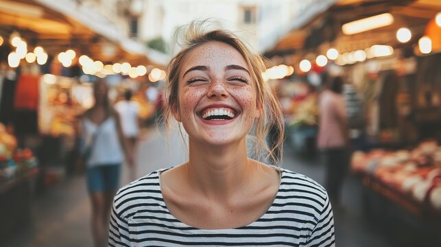 A young woman with freckles laughing genuinely while walking through a bustling city market