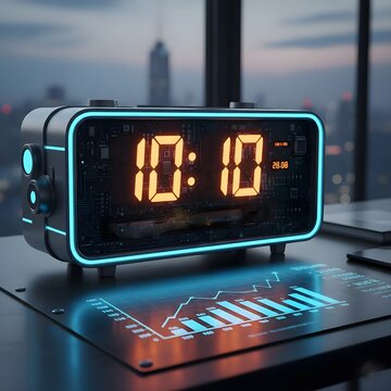 Futuristic digital clock displaying time on desk beside glowing financial growth chart in modern office