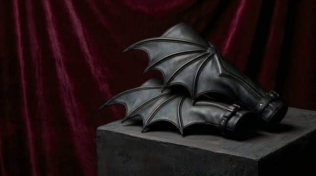 Gothic black leather bracers with bat wings, dark fantasy cosplay armor, medieval vampire arm guards on red velvet background isolated on White Background