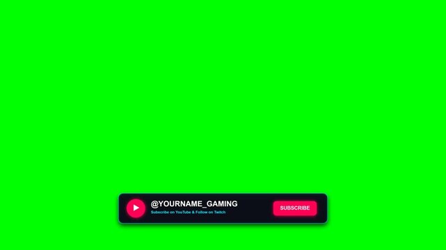 Gaming channel lower third graphic element with vibrant neon pink subscribe button on green screen motion video animation footage overlay