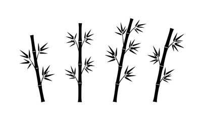 Obraz premium Black Bamboo Stalk and Leaf Silhouette Icon Set with Asian Botanical Stems for Nature Backgrounds, Zen Spa Logos, and Minimalist Designs