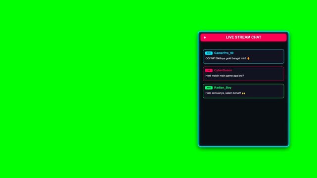 Dynamic live stream chat interface animation showing viewer messages appearing in real time on a clean bright green screen background