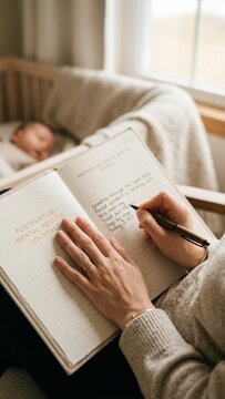 Woman writing in postpartum mental health journal near sleeping baby in sunlit home nursery