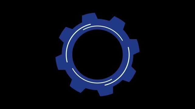 Animated graphic of a rotating blue gear icon with loading lines on black background