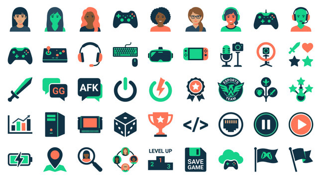 Professional gaming and esports flat icons set featuring diverse female avatars, streaming equipment, and video game symbols