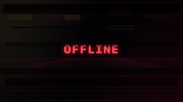 Offline text glowing over a dark digital grid with glitching rectangular data elements