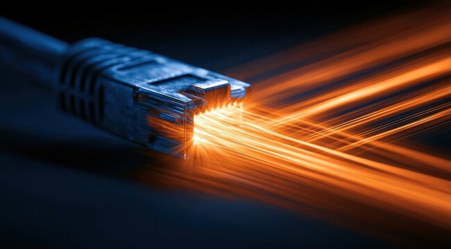 Blue ethernet rj45 connector plugged in with orange light rays symbolizing fast data transfer and network connectivity