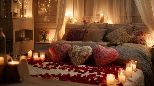 Romantic Valentine&rsquo;s Day bedroom decorated with heart-shaped pillows, candles, and scattered rose petals on the bed, enhanced by warm ambient lighting and elegant cozy interior styling, with no people