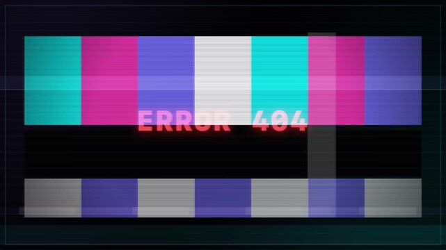 Error 404 text glitching and distorting over color bars on digital screen