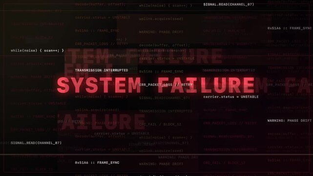 System failure message glitches across a dark computer code interface with layered red typography and signal errors