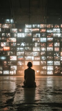 Woman sitting in front of a wall of televisions