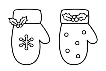 Naklejka premium Set of Winter Mittens Coloring Page for Kids. Festive Holiday Gloves Line Art Vector. Simple Christmas Mittens Outline Set Decorated with Snowflakes. White background. SVG. 