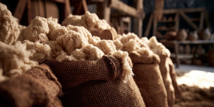 Burlap sacks filled with raw wool fiber in a rustic warehouse