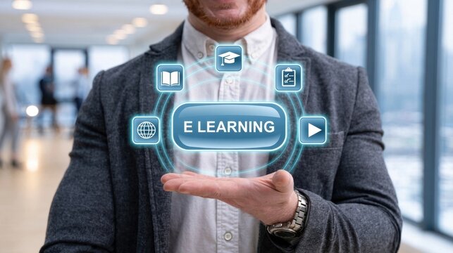 Business holding a floating digital interface with e-learning icons and a central play button, symbolizing online education and virtual training in a office