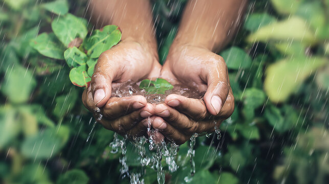 A person holding cupped hands catching fresh, clear rainwater, surrounded by lush green foliage, symbolizing environmental care, natural connection, sustainability, and life-giving nature.