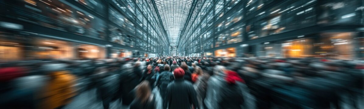 Crowd of people walking through a large building