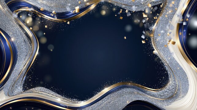 Elegant abstract navy, silver, and gold flowing ribbon border
