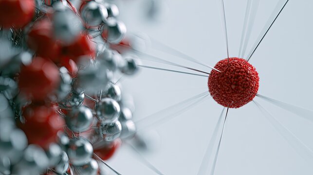 Abstract cluster of red and silver spheres connected by thin lines