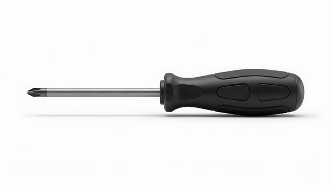A single isolated black handled Phillips head screwdriver on a white background.