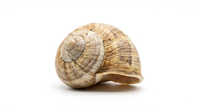 A single empty brown snail shell isolated on a white background.