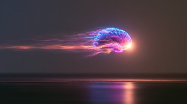 Glowing, fiery brain shape streaks across a dark, reflective surface