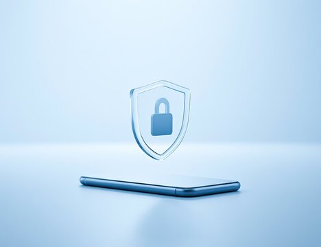 Digital shield hovering over a sleek mobile device, symbolizing data protection