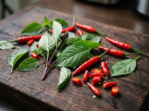 thai basil leaves with fresh red chili peppers on wooden cutting board background