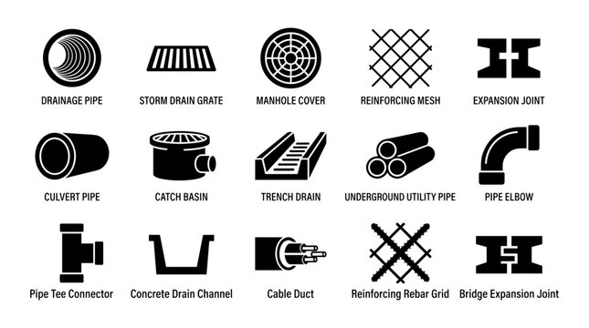 Drainage system and underground utility icon set