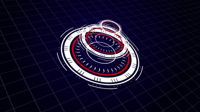 Abstract high tech 3D glowing HUD interface element animation on digital grid backdrop