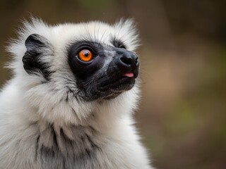 Naklejka premium Close-up portrait of rare black and white lemur with striking orange eyes staring intensely at camera
