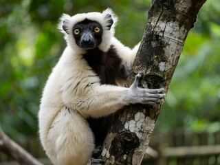 Naklejka premium Lemur clinging to tree branch in lush green rainforest with natural sunlight