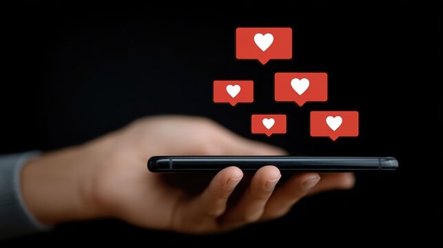 A hand holds a smartphone as glowing heart icons burst from the screen, symbolizing social media likes. Ultra realistic capture celebrates digital engagement and online interactions.