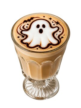 "A charming Halloween coffee illustration featuring a cute little ghost latte art with chocolate drizzle accents in an elegant glass."