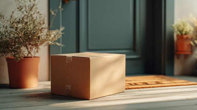 A cardboard box sits on a sunlit doorstep, ready for pickup. This delivery package scene captures home shipping convenience in a residential setting.
