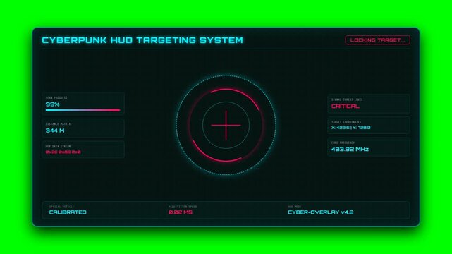 Cyberpunk hud targeting system animation featuring digital scanning crosshair overlay elements and changing coordinates for futuristic military weapon interface motion footage