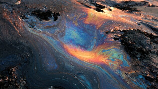 Iridescent oil slick on dark, textured earth, shimmering with vibrant colors