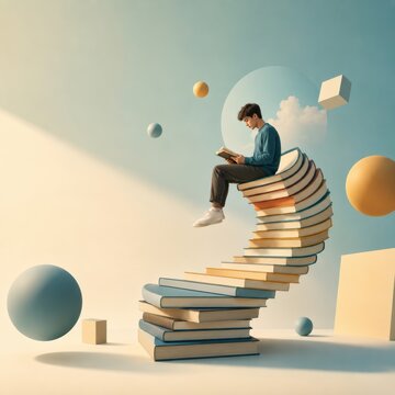Young Reader Sitting on Surreal Sculptural Stack of Books