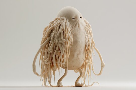 A small, pale, oval creature with long, wispy, stringy hair and spindly limbs