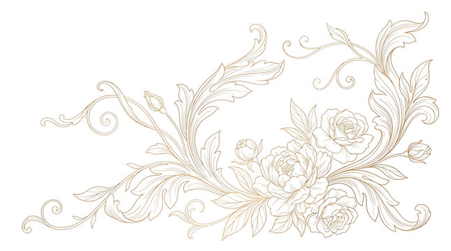 Elegant gold floral ornament with roses and acanthus leaves, vintage baroque style decorative element for wedding invitations or luxury stationery design