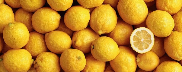 Fototapeta premium Panoramic close-up of vibrant lemons with alternating whole and sliced fruits. Bright citrus texture and juicy pulp shine in this high-end commercial food composition.