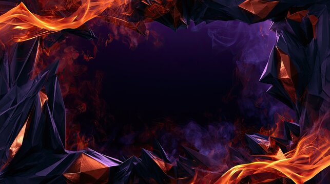 Jagged dark crystals frame a fiery, smoky, ethereal void
