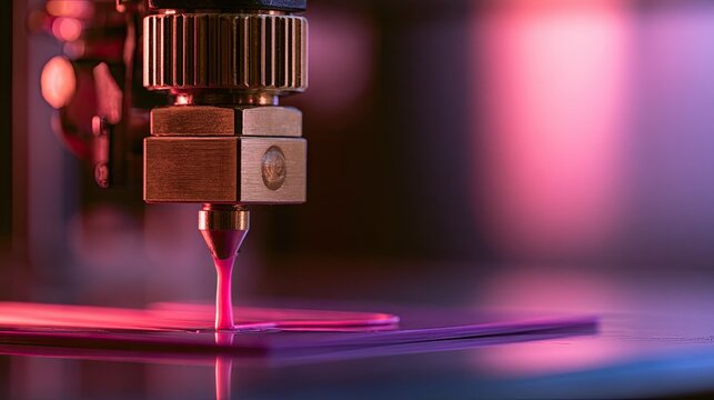 Close up of a 3D printer nozzle depositing pink material onto a surface