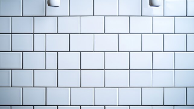 Photography of a bright white kitchen tile backsplash background with clean, narrow grout lines, illuminated by clear,