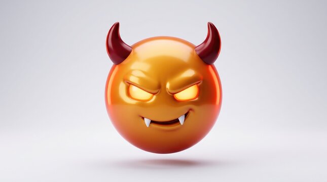 A vibrant glossy 3d rendering of a devil emoji with striking red horns and a fierce expression