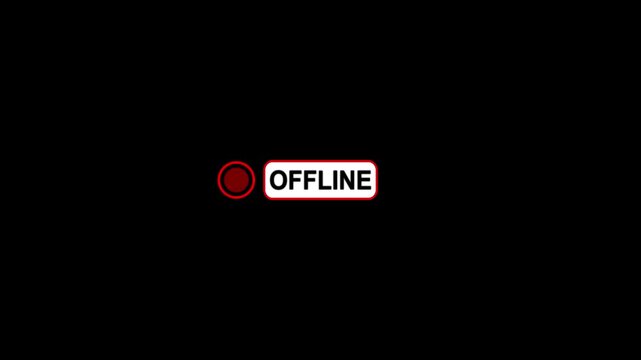 Screen showing a small red blinking dot beside the OFFLINE text animation for social media concept. Red dot Offline status button status animation on black screen.