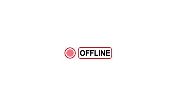 Screen showing a small red blinking dot beside the OFFLINE text animation for social media concept. Red dot Offline status button status animation on white screen.