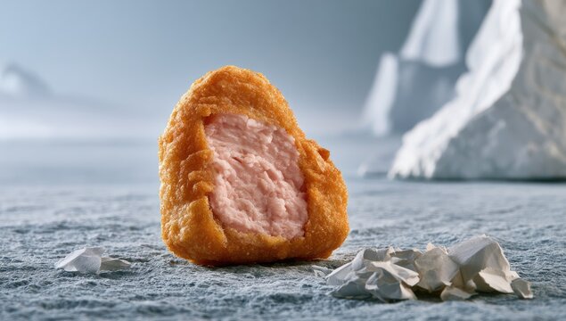 Crispy golden nugget with visible moist, pink center on icy ground