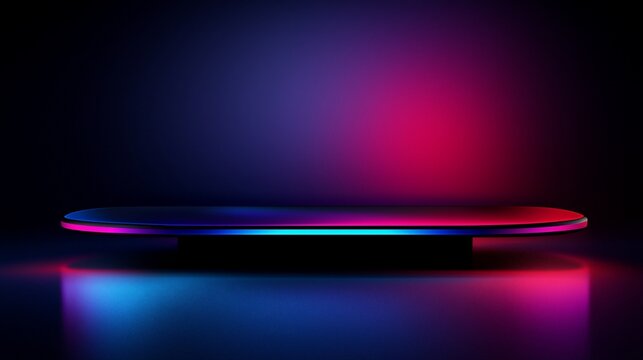 Neon-lit platform, dark background, vibrant colors, product display.