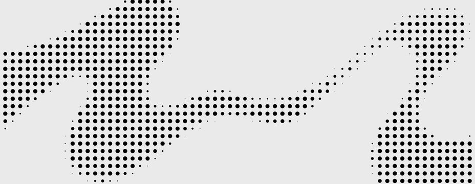 Monochrome halftone dotted illustration, abstract dynamic wave, ribbon pattern. Curved line with halftone effect, flud design. Vector minimalist background. Overlay template. Vector