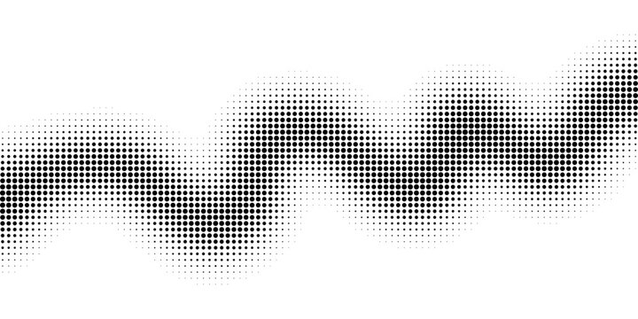 Monochrome halftone dotted illustration, abstract dynamic wave, ribbon pattern. Curved line with halftone effect, flud design. Vector minimalist background. Overlay template. Vector